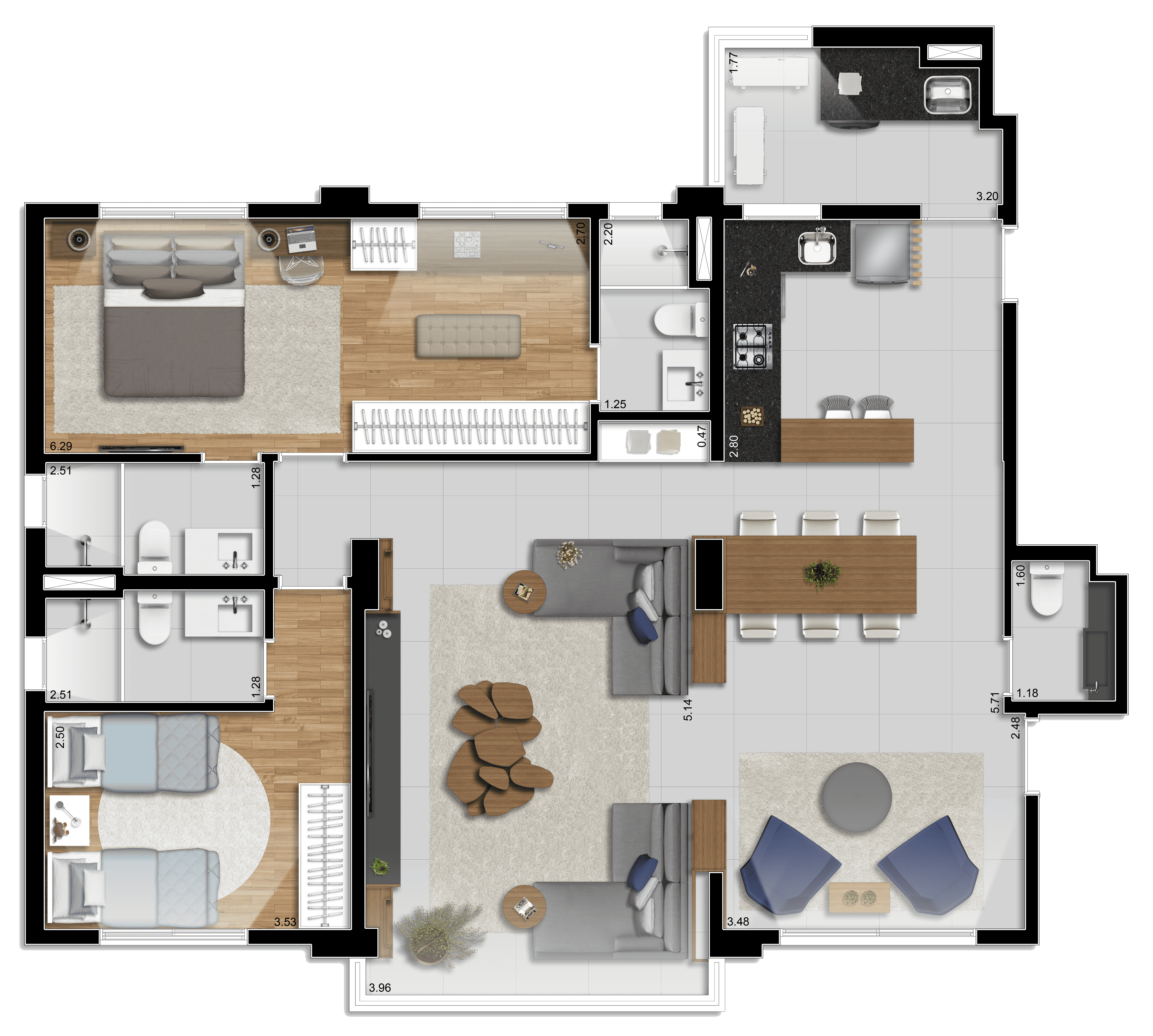 Planta 113m² com 2 suítes