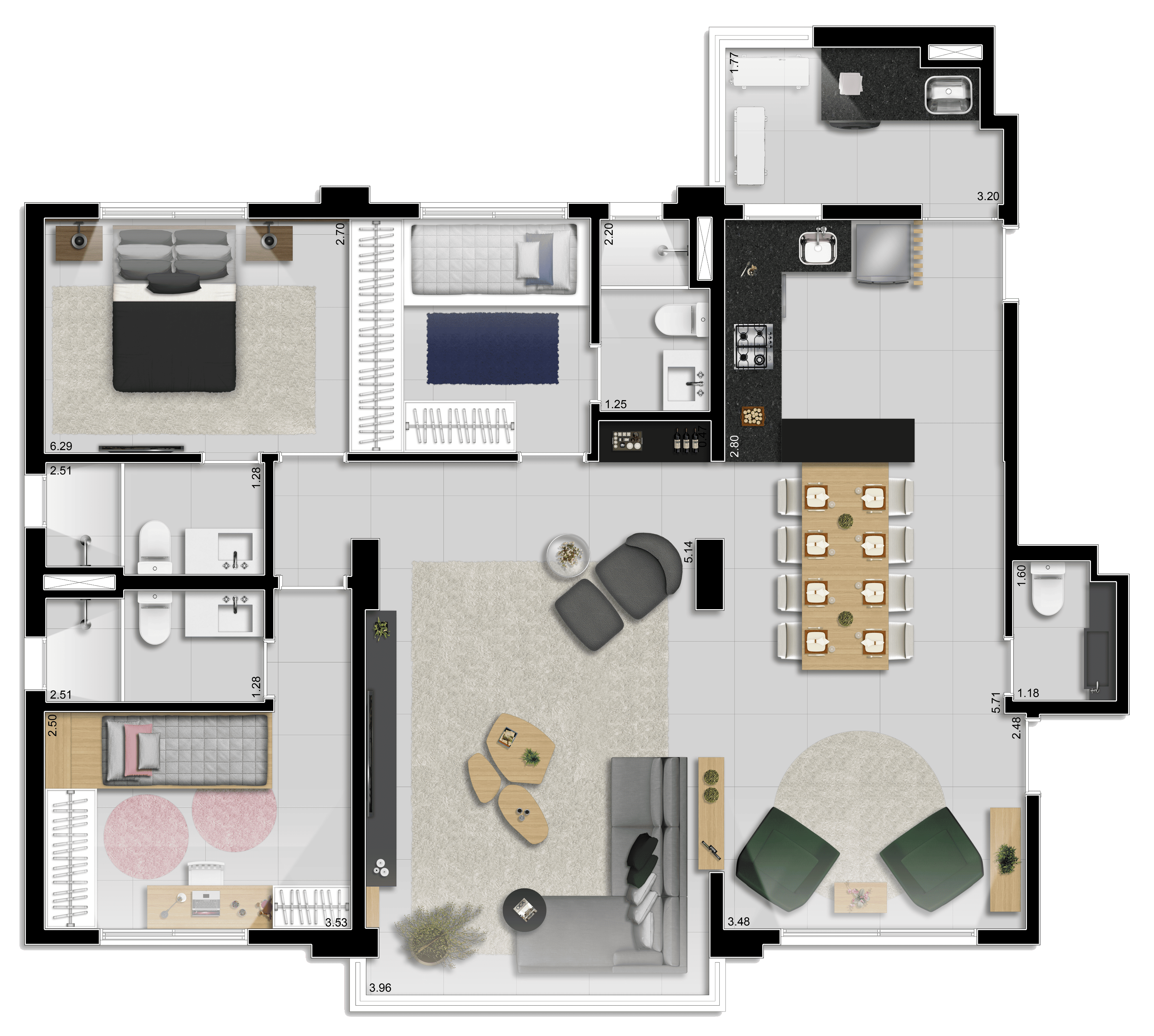 Planta 113m² com 3 suítes